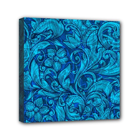 Blue Floral Pattern Texture, Floral Ornaments Texture Mini Canvas 6  X 6  (stretched)