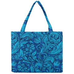 Blue Floral Pattern Texture, Floral Ornaments Texture Mini Tote Bag by nateshop