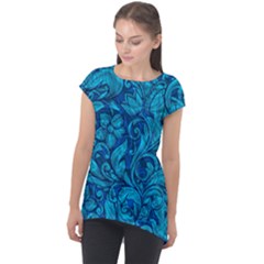 Blue Floral Pattern Texture, Floral Ornaments Texture Cap Sleeve High Low Top