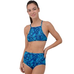 Blue Floral Pattern Texture, Floral Ornaments Texture Halter Tankini Set by nateshop