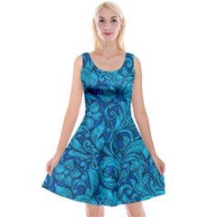 Blue Floral Pattern Texture, Floral Ornaments Texture Reversible Velvet Sleeveless Dress