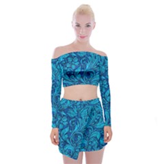 Blue Floral Pattern Texture, Floral Ornaments Texture Off Shoulder Top with Mini Skirt Set