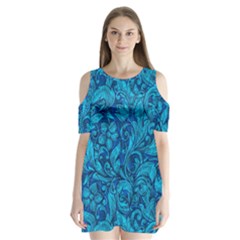 Blue Floral Pattern Texture, Floral Ornaments Texture Shoulder Cutout Velvet One Piece