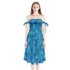 Blue Floral Pattern Texture, Floral Ornaments Texture Shoulder Tie Bardot Midi Dress by nateshop