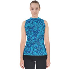 Blue Floral Pattern Texture, Floral Ornaments Texture Mock Neck Shell Top by nateshop