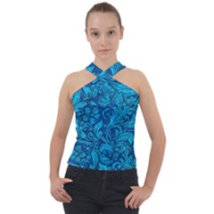 Blue Floral Pattern Texture, Floral Ornaments Texture Cross Neck Velour Top