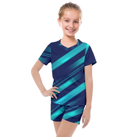 Blue Neon Lines, Blue Background, Abstract Background Kids  Mesh T-shirt And Shorts Set by nateshop