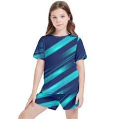 Blue Neon Lines, Blue Background, Abstract Background Kids  T-shirt And Sports Shorts Set