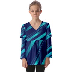 Blue Neon Lines, Blue Background, Abstract Background Kids  V Neck Casual Top