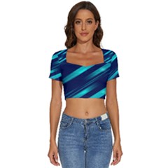 Blue Neon Lines, Blue Background, Abstract Background Short Sleeve Square Neckline Crop Top 