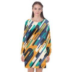 Abstract Rays, Material Design, Colorful Lines, Geometric Long Sleeve Chiffon Shift Dress 