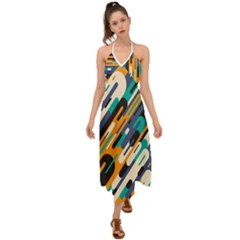 Abstract Rays, Material Design, Colorful Lines, Geometric Halter Tie Back Dress 