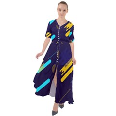 Blue Background Geometric Abstrac Waist Tie Boho Maxi Dress