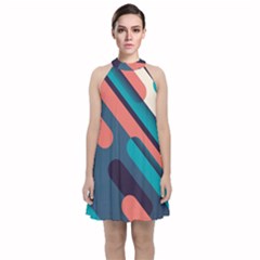 Blue Geometric Background, Abstract Lines Background Velvet Halter Neckline Dress  by nateshop