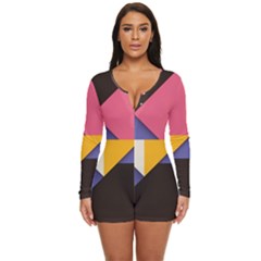 Retro Colorful Background, Geometric Abstraction Long Sleeve Boyleg Swimsuit by nateshop