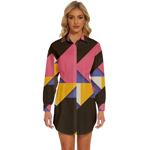 Retro Colorful Background, Geometric Abstraction Womens Long Sleeve Shirt Dress by nateshop