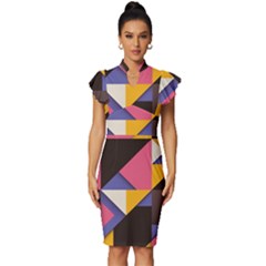 Retro Colorful Background, Geometric Abstraction Vintage Frill Sleeve V-neck Bodycon Dress by nateshop