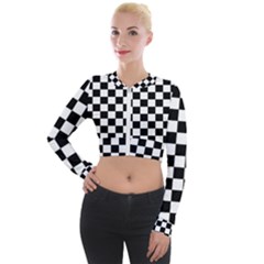 Black White Checker Pattern Checkerboard Long Sleeve Cropped Velvet Jacket by Grandong