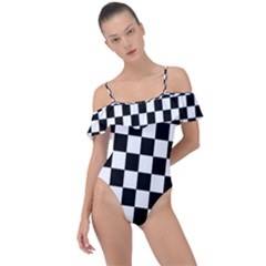 Black White Checker Pattern Checkerboard Frill Detail One Piece Swimsuit by Grandong