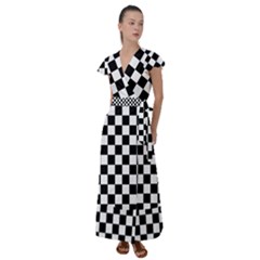 Black White Checker Pattern Checkerboard Flutter Sleeve Maxi Dress by Grandong