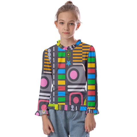 Pattern Geometric Abstract Colorful Arrows Lines Circles Triangles Kids  Frill Detail T-shirt by Grandong