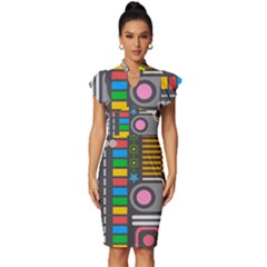 Pattern Geometric Abstract Colorful Arrows Lines Circles Triangles Vintage Frill Sleeve V-neck Bodycon Dress