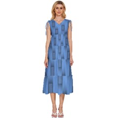 Blue Pattern Texture V-neck Drawstring Shoulder Sleeveless Maxi Dress by nateshop