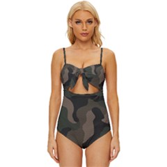 Camo, Abstract, Beige, Black, Brown Military, Mixed, Olive Knot Front One-piece Swimsuit by nateshop