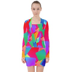 Colors, Color V-neck Bodycon Long Sleeve Dress by nateshop