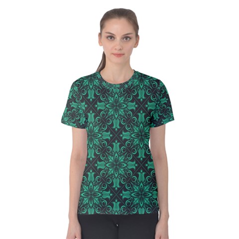 Green Damask Pattern Vintage Floral Pattern, Green Vintage Women s Cotton T-shirt by nateshop