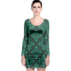 Green Damask Pattern Vintage Floral Pattern, Green Vintage Long Sleeve Bodycon Dress by nateshop