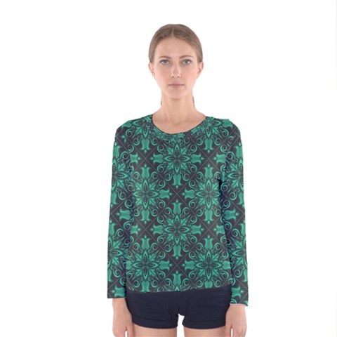 Green Damask Pattern Vintage Floral Pattern, Green Vintage Women s Long Sleeve T-shirt by nateshop