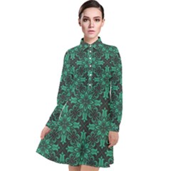 Green Damask Pattern Vintage Floral Pattern, Green Vintage Long Sleeve Chiffon Shirt Dress by nateshop