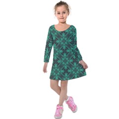 Green Damask Pattern Vintage Floral Pattern, Green Vintage Kids  Long Sleeve Velvet Dress by nateshop