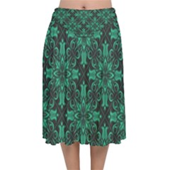 Green Damask Pattern Vintage Floral Pattern, Green Vintage Velvet Flared Midi Skirt by nateshop