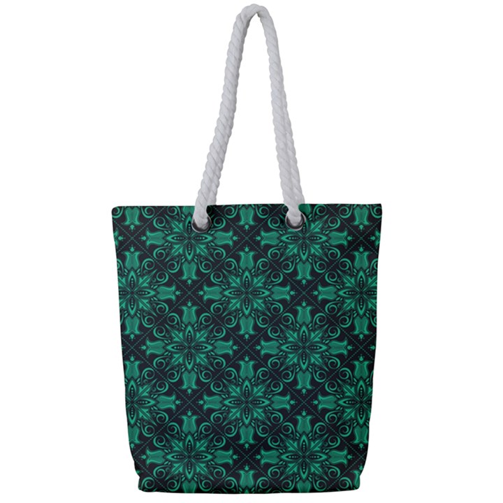 Green Damask Pattern Vintage Floral Pattern, Green Vintage Full Print Rope Handle Tote (Small)