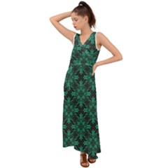 Green Damask Pattern Vintage Floral Pattern, Green Vintage V-neck Chiffon Maxi Dress by nateshop