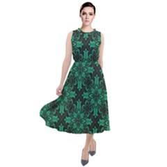 Green Damask Pattern Vintage Floral Pattern, Green Vintage Round Neck Boho Dress by nateshop