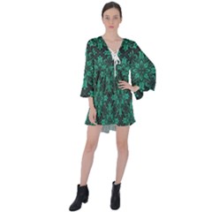 Green Damask Pattern Vintage Floral Pattern, Green Vintage V-neck Flare Sleeve Mini Dress by nateshop