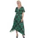 Green Damask Pattern Vintage Floral Pattern, Green Vintage Cross Front Sharkbite Hem Maxi Dress View1