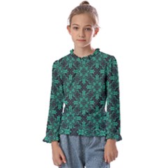 Green Damask Pattern Vintage Floral Pattern, Green Vintage Kids  Frill Detail T-shirt