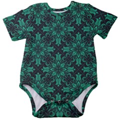 Green Damask Pattern Vintage Floral Pattern, Green Vintage Baby Short Sleeve Bodysuit by nateshop