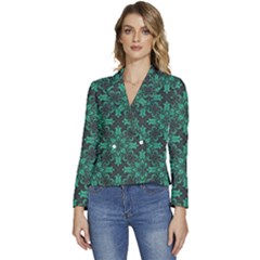 Green Damask Pattern Vintage Floral Pattern, Green Vintage Women s Long Sleeve Revers Collar Cropped Jacket by nateshop