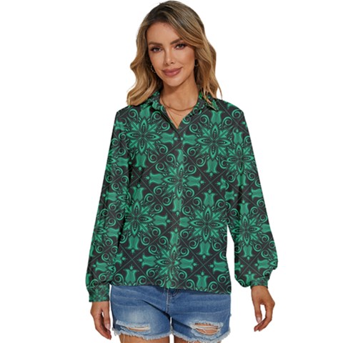 Green Damask Pattern Vintage Floral Pattern, Green Vintage Women s Long Sleeve Button Up Shirt by nateshop
