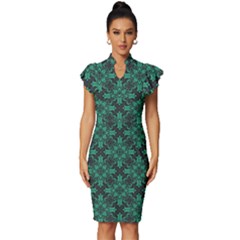 Green Damask Pattern Vintage Floral Pattern, Green Vintage Vintage Frill Sleeve V-neck Bodycon Dress by nateshop