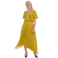 Yellow Floral Pattern Vintage Pattern, Yellow Background Cross Front Sharkbite Hem Maxi Dress by nateshop
