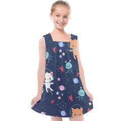 Cute Astronaut Cat With Star Galaxy Elements Seamless Pattern Kids  Cross Back Dress by Grandong