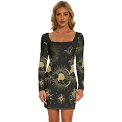 Asian Set With Clouds Moon Sun Stars Vector Collection Oriental Chinese Japanese Korean Style Long Sleeve Square Neck Bodycon Velvet Dress by Grandong