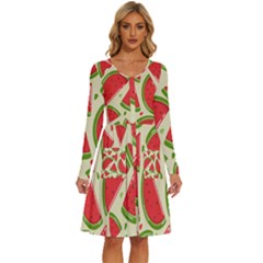 Cute Watermelon Seamless Pattern Long Sleeve Dress With Pocket
