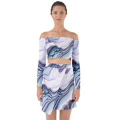 Marble Abstract White Pink Dark Off Shoulder Top With Skirt Set by Grandong